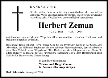 Traueranzeige von Herbert Zeman von Südthüringer Presse