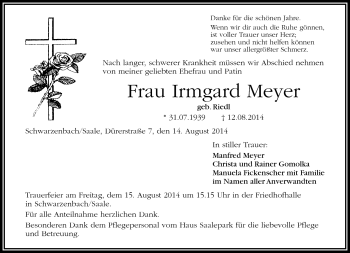 Traueranzeige von Meyer Irmgard von Frankenpost