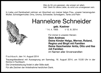 Traueranzeige von Hannelore Schneider von Neue Presse Coburg