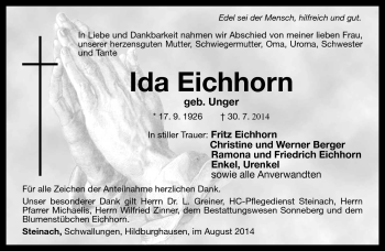 Traueranzeige von Ida Eichhorn von Südthüringer Presse