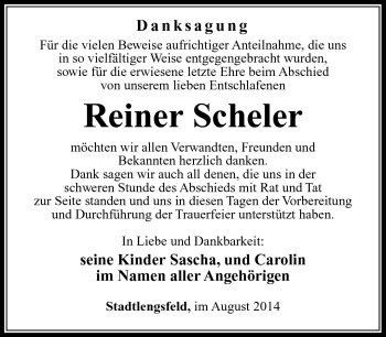 Traueranzeige von Reiner Scheler von Südthüringer Presse