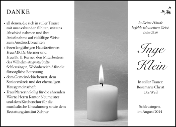 Traueranzeige von Inge Klein von Südthüringer Presse