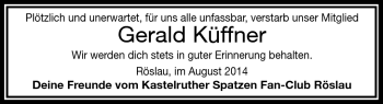 Traueranzeige von Gerald Küffner von Frankenpost