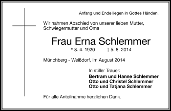 Traueranzeige von Erna Schlemmer von Frankenpost