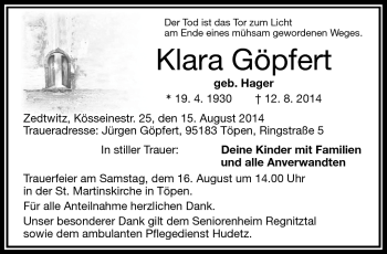 Traueranzeige von Klara Göpfert von Frankenpost