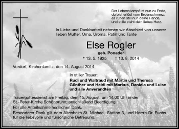 Traueranzeige von Else Rogler von Frankenpost
