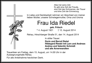 Traueranzeige von Ida Riedel von Frankenpost