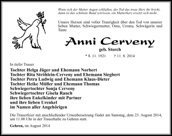 Traueranzeige von Anni Cerveny von Südthüringer Presse