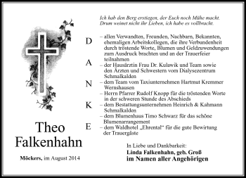 Traueranzeige von Theo Falkenhahn von Südthüringer Presse