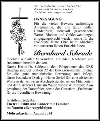 Traueranzeige von Bernhard Schrade von Südthüringer Presse