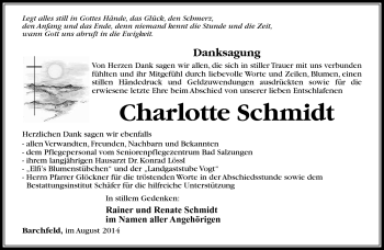 Traueranzeige von Charlotte Schmidt von Südthüringer Presse