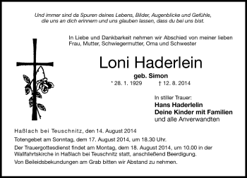 Traueranzeige von Loni Haderlein von Neue Presse Coburg