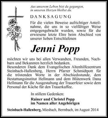 Traueranzeige von Jenny Popp von Südthüringer Presse