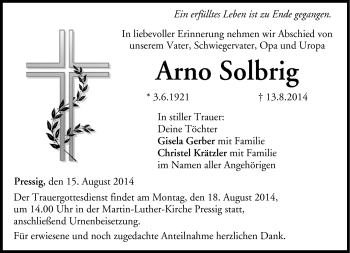 Traueranzeige von Arno Solbrig von Neue Presse Coburg
