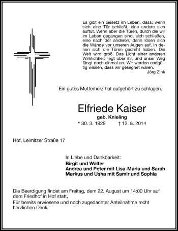Traueranzeige von Elfriede Kaiser von Frankenpost
