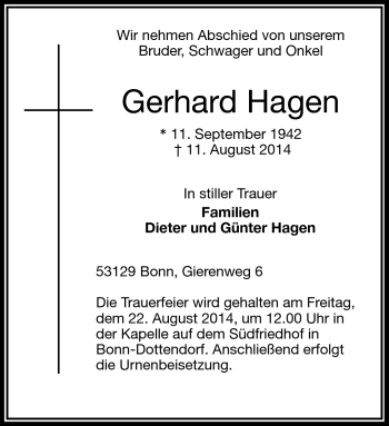 Traueranzeige von Gerhard Hagen von Frankenpost