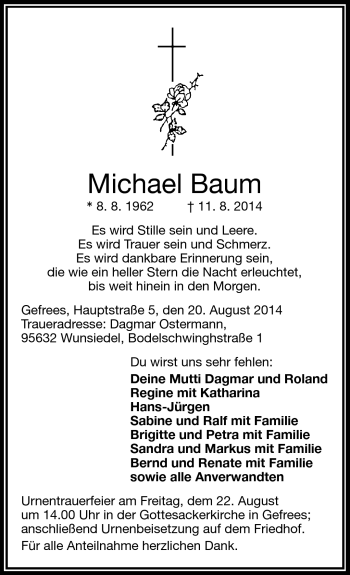 Traueranzeige von Michael Baum von Frankenpost