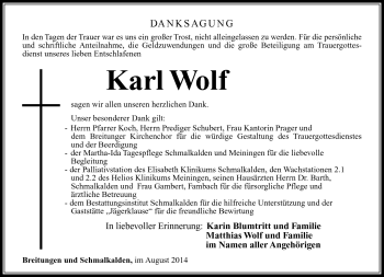 Traueranzeige von Karl Wolf von Südthüringer Presse