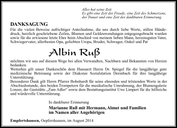 Traueranzeige von Albin Ruß von Südthüringer Presse