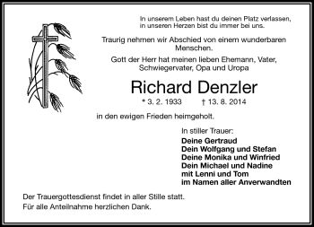 Traueranzeige von Richard Denzler von Frankenpost