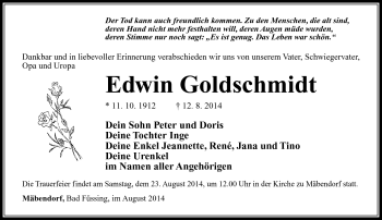 Traueranzeige von Edwin Goldschmidt von Südthüringer Presse