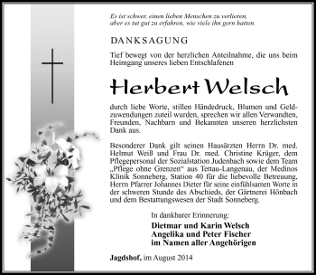 Traueranzeige von Herbert Welsch von Südthüringer Presse