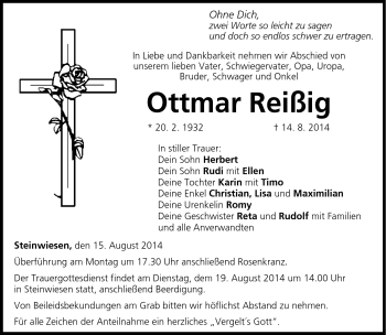 Traueranzeige von Ottmar Reißig von Neue Presse Coburg