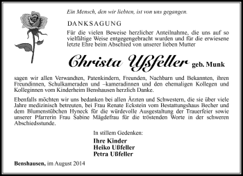 Traueranzeige von Christa Ußfeller von Südthüringer Presse