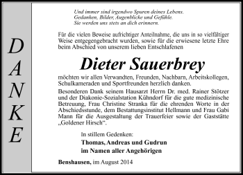Traueranzeige von Dieter Sauerbrey von Südthüringer Presse