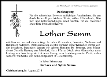 Traueranzeige von Lothar Semm von Südthüringer Presse