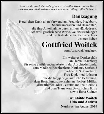 Traueranzeige von Gottfried Woitek von Südthüringer Presse