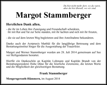 Traueranzeige von Margot Stammberger von Südthüringer Presse