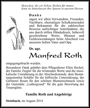 Traueranzeige von Manfred Roth von Südthüringer Presse