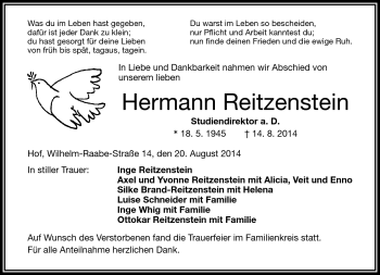 Traueranzeige von Hermann Reitzenstein von Frankenpost