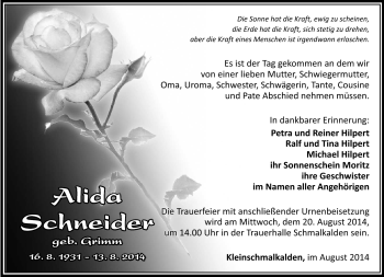 Traueranzeige von Alida Schneider von Südthüringer Presse