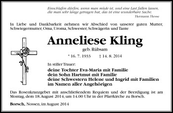 Traueranzeige von Anneliese Kling von Südthüringer Presse