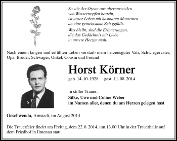 Traueranzeige von Horst Körner von Südthüringer Presse