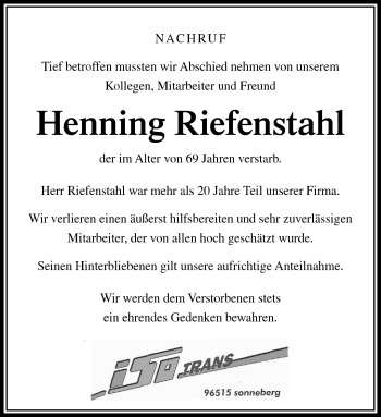 Traueranzeige von Henning Riefenstahl von Südthüringer Presse