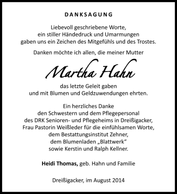 Traueranzeige von Martha Hahn von Südthüringer Presse