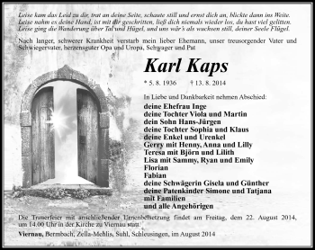 Traueranzeige von Karl Kaps von Südthüringer Presse