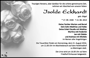 Traueranzeige von Isolde Eckhardt von Südthüringer Presse