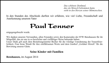 Traueranzeige von Paul Tenner von Südthüringer Presse