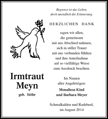 Traueranzeige von Irmtraut Meyn von Südthüringer Presse