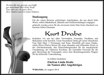 Traueranzeige von Kurt Drabe von Südthüringer Presse