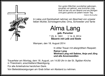 Traueranzeige von Alma Lang von Frankenpost