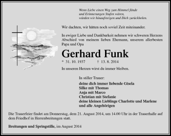 Traueranzeige von Gerhard Funk von Südthüringer Presse