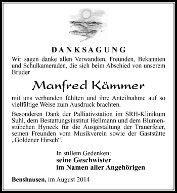 Traueranzeige von MAnfred Kämmer von Südthüringer Presse