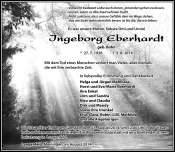 Traueranzeige von Ingeborg Eberhardt von Südthüringer Presse
