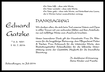 Traueranzeige von Eduard Gatzke von Südthüringer Presse