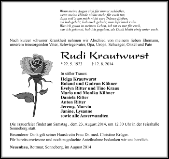 Traueranzeige von Rudi Krautwurst von Südthüringer Presse